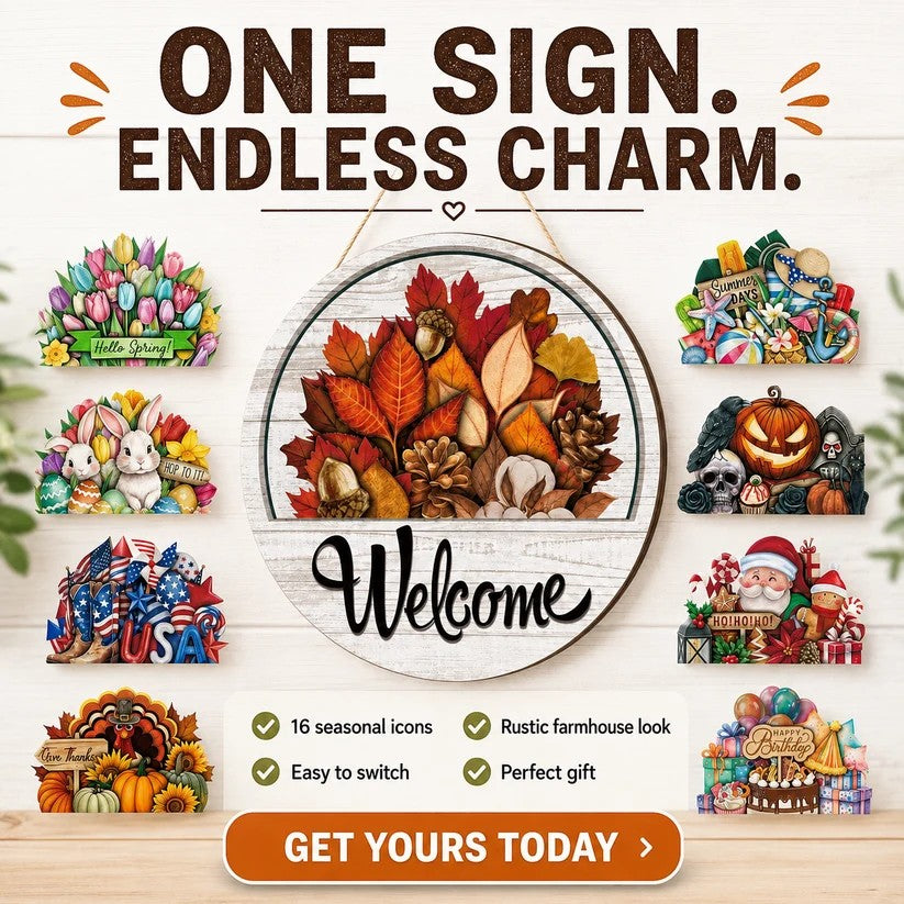 🍂 Magnetic Seasonal Welcome Sign, Interchangeable Round Wooden Door Hanger with 16 Holiday Icons, Rustic Farmhouse Front Door Decor & Gift