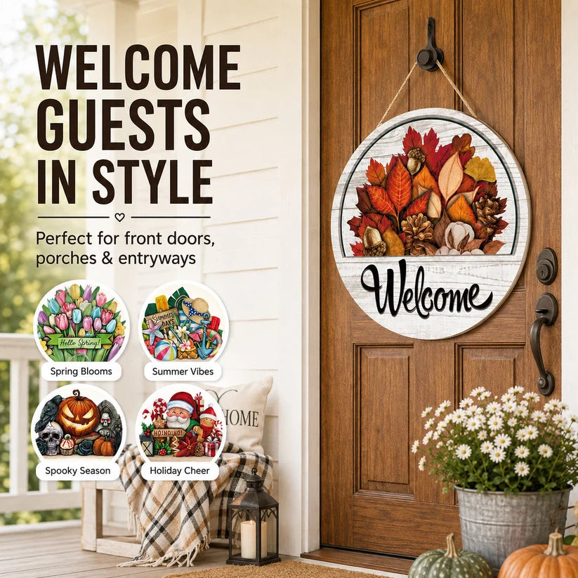 🍂 Magnetic Seasonal Welcome Sign, Interchangeable Round Wooden Door Hanger with 16 Holiday Icons, Rustic Farmhouse Front Door Decor & Gift
