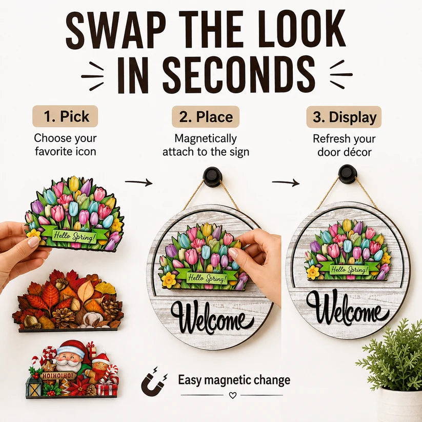 🍂 Magnetic Seasonal Welcome Sign, Interchangeable Round Wooden Door Hanger with 16 Holiday Icons, Rustic Farmhouse Front Door Decor & Gift