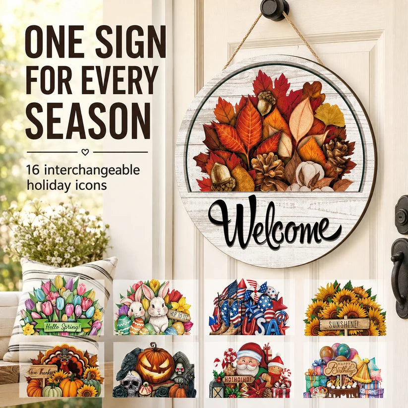 🍂 Magnetic Seasonal Welcome Sign, Interchangeable Round Wooden Door Hanger with 16 Holiday Icons, Rustic Farmhouse Front Door Decor & Gift