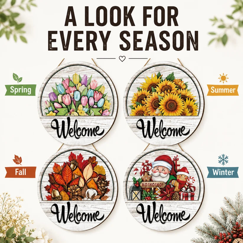 🍂 Magnetic Seasonal Welcome Sign, Interchangeable Round Wooden Door Hanger with 16 Holiday Icons, Rustic Farmhouse Front Door Decor & Gift