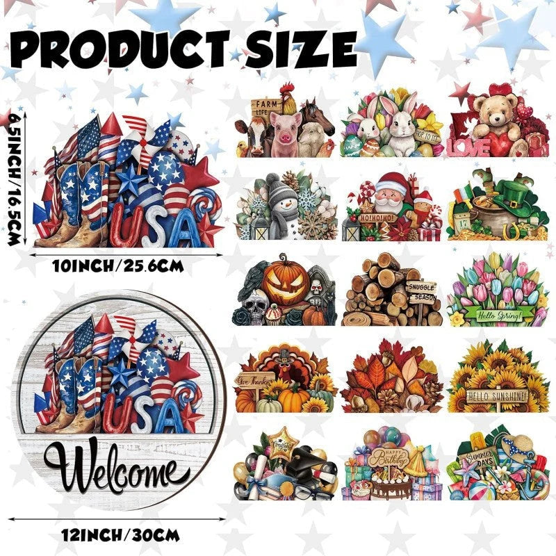 🍂 Magnetic Seasonal Welcome Sign, Interchangeable Round Wooden Door Hanger with 16 Holiday Icons, Rustic Farmhouse Front Door Decor & Gift