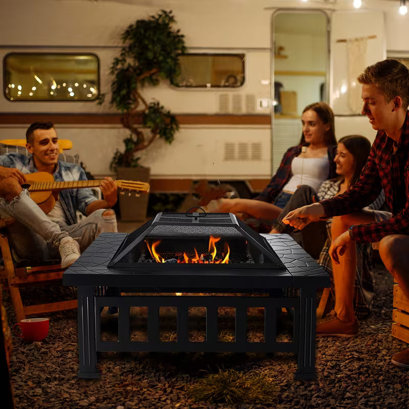 32 Inch Square Fire Pit Table - Heavy-Duty Steel Outdoor Fireplace with Spark Screen & Poker, 3-in-1 Patio Heater for Backyard, Camping Bonfire Picnic Outdoor Heating，Garden and Gatherings (Without Grill Grid)
