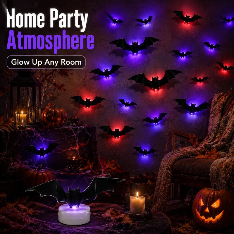 👻3D Bat Light LED Decorations, 12pcs/24pcs Halloween Spooky OrnamentsBuy three get two free