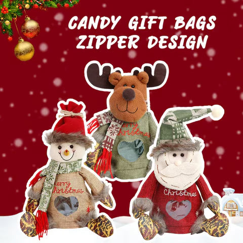 🎅 Christmas Plush Candy Gift Bags 🍬 | Santa Snowman Reindeer Treat Pouches, Transparent Window & Zipper Design 🎁 Limited Time Discount!