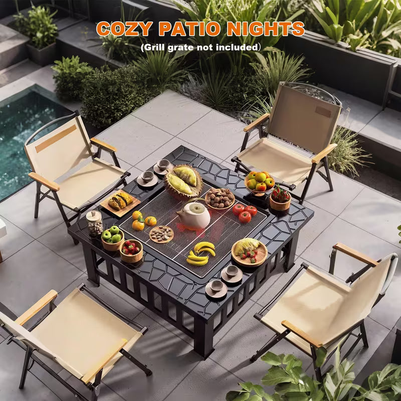 32 Inch Square Fire Pit Table - Heavy-Duty Steel Outdoor Fireplace with Spark Screen & Poker, 3-in-1 Patio Heater for Backyard, Camping Bonfire Picnic Outdoor Heating，Garden and Gatherings (Without Grill Grid)