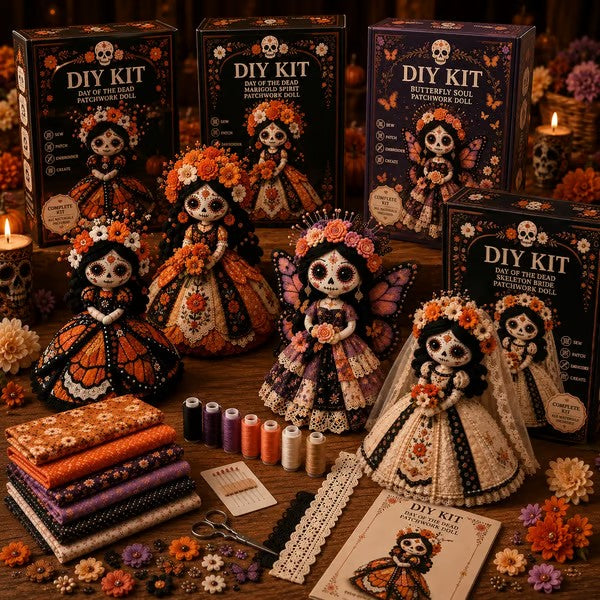 🔥LAST DAY 49% OFF - 🎃Day of the Dead Patchwork Doll DIY Sewing Kit - Handmade Fabric Doll Craft Kit with Floral Details