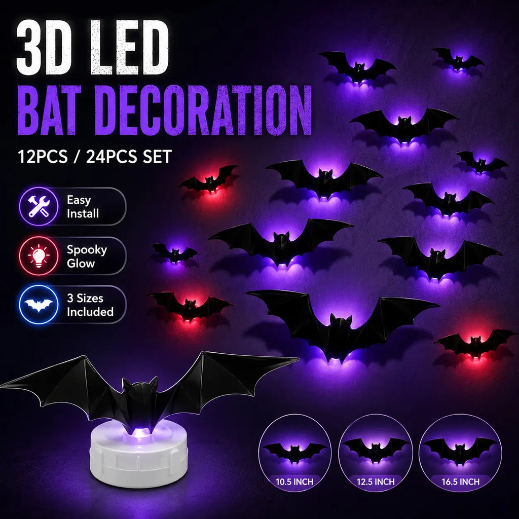 👻3D Bat Light LED Decorations, 12pcs/24pcs Halloween Spooky OrnamentsBuy three get two free