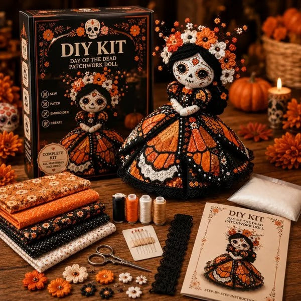 🔥LAST DAY 49% OFF - 🎃Day of the Dead Patchwork Doll DIY Sewing Kit - Handmade Fabric Doll Craft Kit with Floral Details
