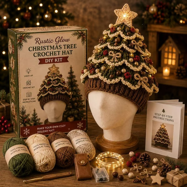 🎄 Light Up Christmas Tree Crochet Hat DIY Kit ✨ Handmade Knit Holiday Hat for Party Photo ⏳ Limited Time Discount!