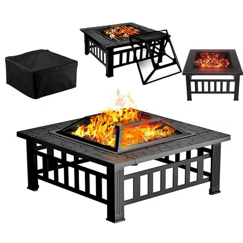 32 Inch Square Fire Pit Table - Heavy-Duty Steel Outdoor Fireplace with Spark Screen & Poker, 3-in-1 Patio Heater for Backyard, Camping Bonfire Picnic Outdoor Heating，Garden and Gatherings (Without Grill Grid)