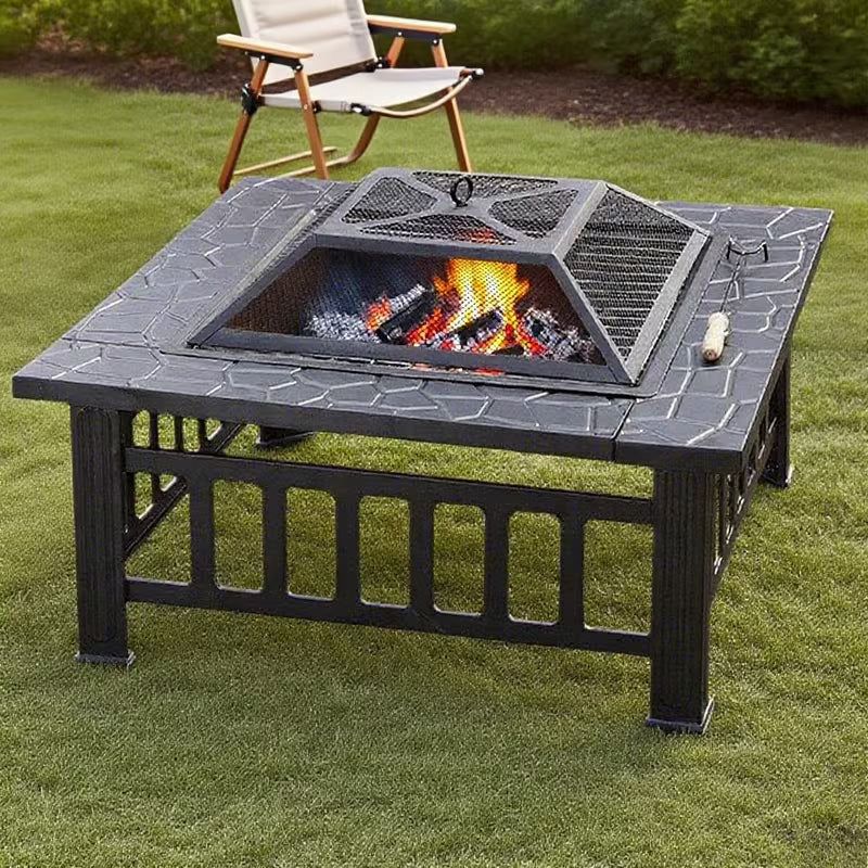 32 Inch Square Fire Pit Table - Heavy-Duty Steel Outdoor Fireplace with Spark Screen & Poker, 3-in-1 Patio Heater for Backyard, Camping Bonfire Picnic Outdoor Heating，Garden and Gatherings (Without Grill Grid)