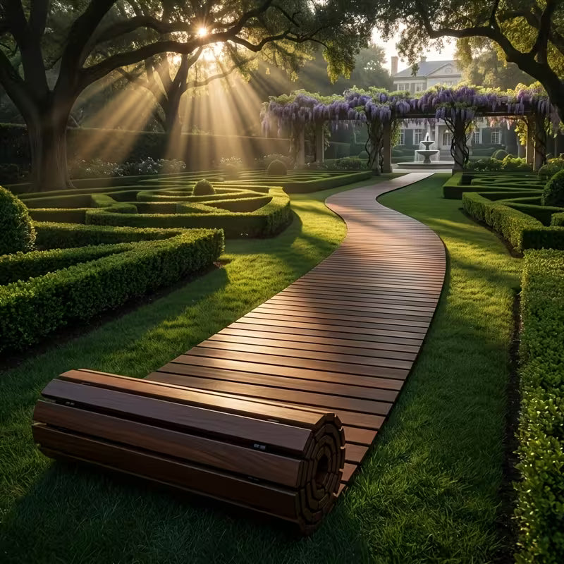 Wooden Garden Walkway with Scroll Design, Anti-Slip And Weather-Resistant Outdoor Path Suitable for Lawns, Terraces, Courtyards, And Flower Bed Edges