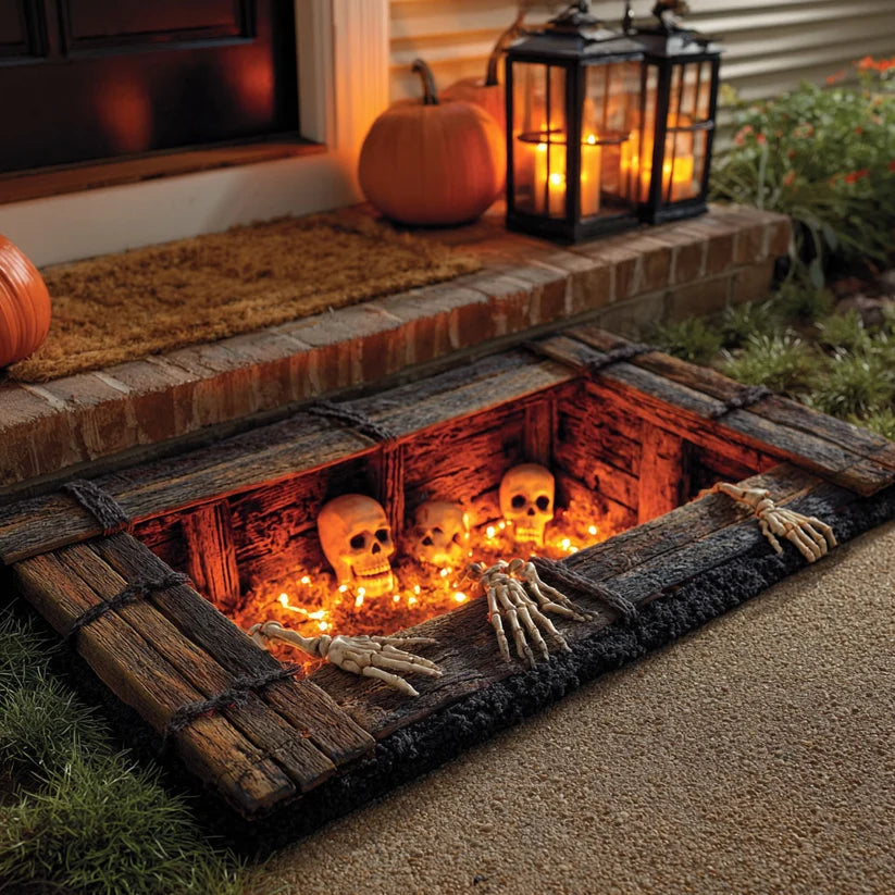 3D Optical Illusion Halloween Skeleton Crypt Doormat Spooky Skull Halloween Porch Decor