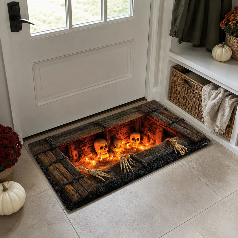3D Optical Illusion Halloween Skeleton Crypt Doormat Spooky Skull Halloween Porch Decor
