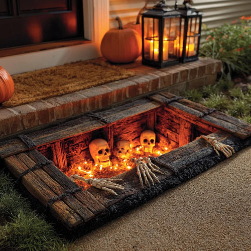 3D Optical Illusion Halloween Skeleton Crypt Doormat Spooky Skull Halloween Porch Decor
