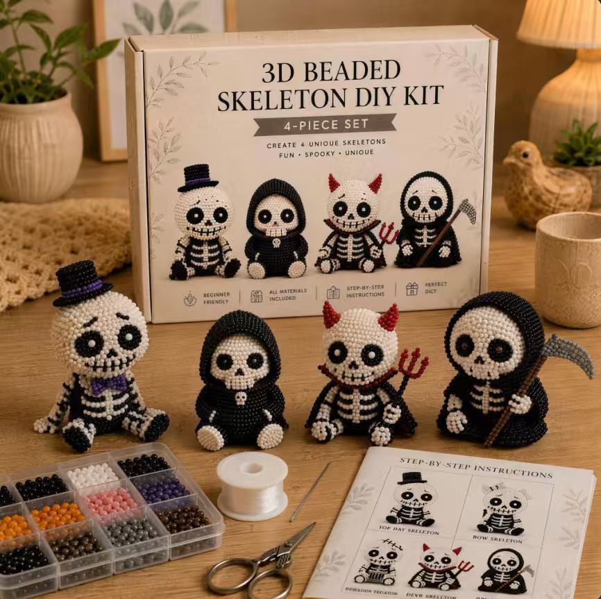 Unisex 3D Beaded Skeleton DIY Kit - 4-Piece Halloween Beading Set with Step-by-Step Instructions, Beginner-Friendly Goth Decor Gift for Adults