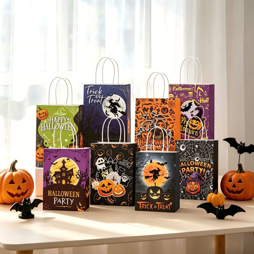 🎃 Halloween Trick or Treat Bags - 8-Pack Spooky Paper Gift Bags with Handles for Candy & Party Favors 👻