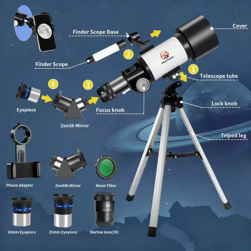 40070 Series HD Astronomical Telescope, Enhanced Yellow Telescope with a 400Mm Focal Length. Made of Aluminum, It Features a Star Finder Lens, High Power FMC for Outdoor Use