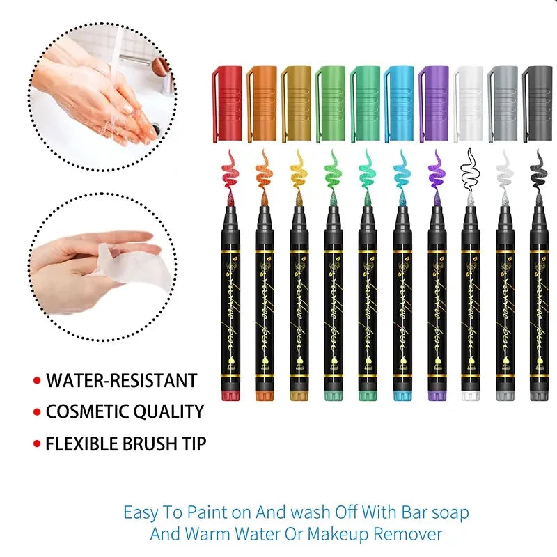 🔥 BOGO FREE！Metallic Temporary Tattoo Pen Set, Long Lasting Waterproof Body Tattoo Markers