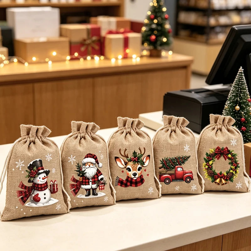 🎁 Rustic Christmas Party Favor Bags - Reusable Burlap Goodie Pouches for Holiday Tree Decor & Treats ⛄