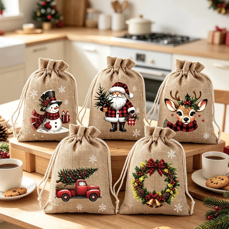 🎁 Rustic Christmas Party Favor Bags - Reusable Burlap Goodie Pouches for Holiday Tree Decor & Treats ⛄