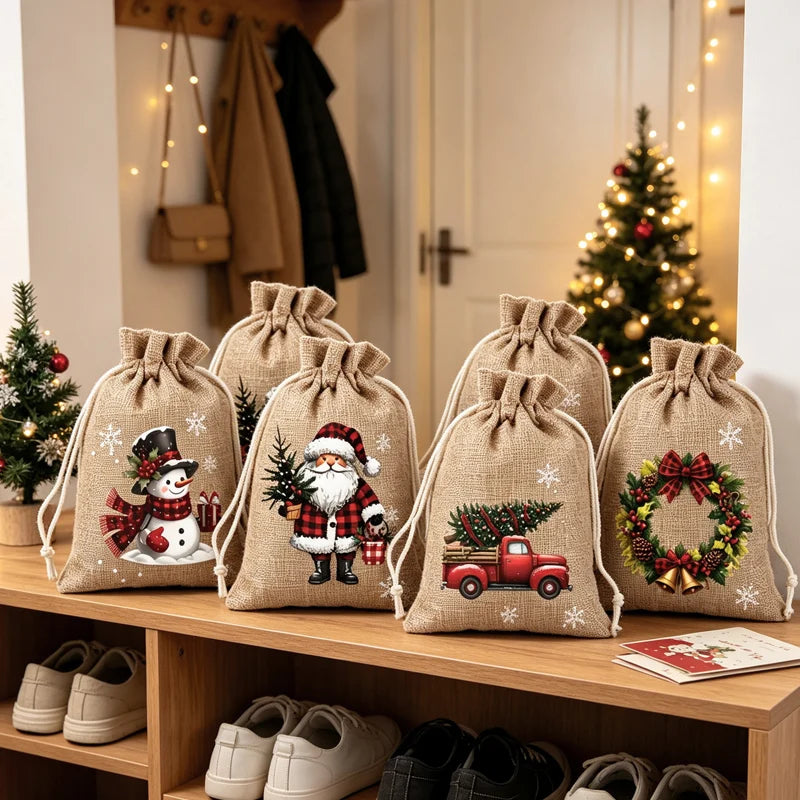 🎁 Rustic Christmas Party Favor Bags - Reusable Burlap Goodie Pouches for Holiday Tree Decor & Treats ⛄