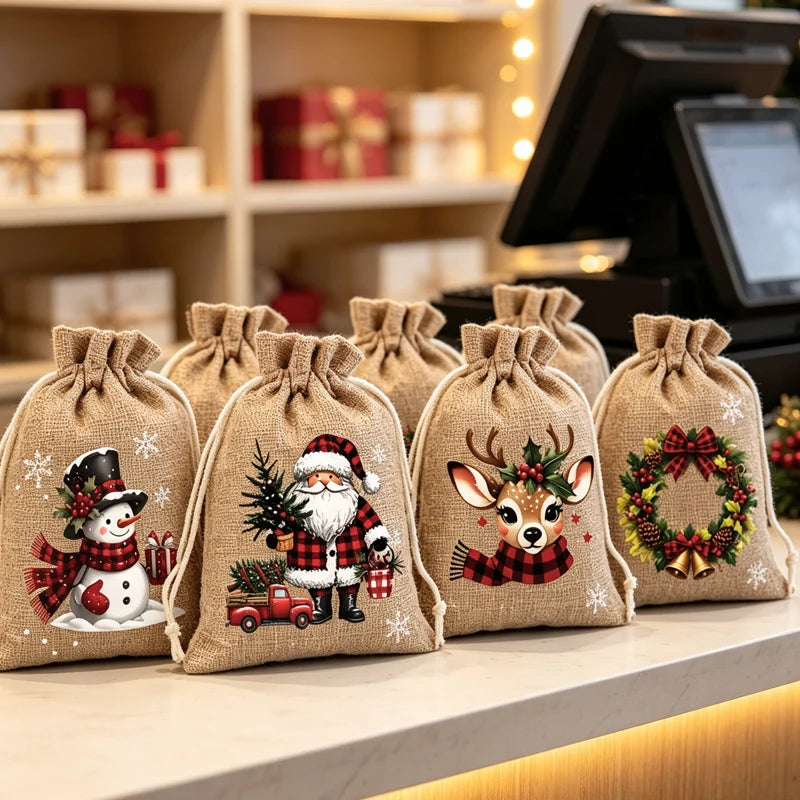 🎁 Rustic Christmas Party Favor Bags - Reusable Burlap Goodie Pouches for Holiday Tree Decor & Treats ⛄